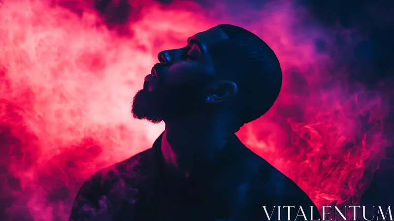 Portrait in neon clouds of pink and electric midnight blue.