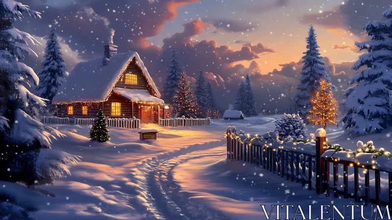 Snowlit cabin glows under twilight skies and drifting hush.