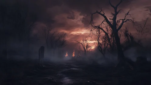 Burning horizon illuminates desolate, fog-laden grave forest