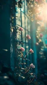 Pink flowers growing on weathered stone wall with backlighting