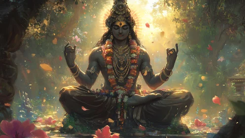 Divine yogi meditates in radiant forest sanctuary light