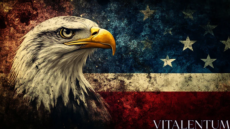 Bald eagle profile against weathered United States flag.