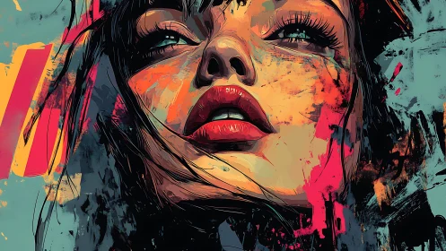 Vivid abstract portrait with upward gaze and bold strokes.
