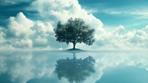 Solitary tree stands over calm reflective water under clouds