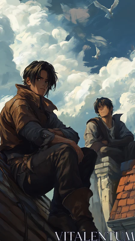 Rooftop sentinels under cumuliform sky in painterly anime style.