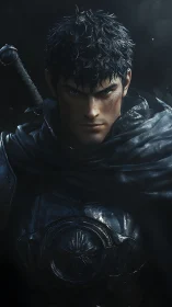 Dark armored swordsman gazes forward in stormy silence