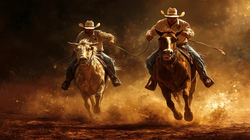 Dynamic cowboy riders in cinematic dust-lit digital painting.