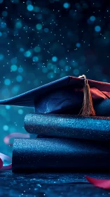 Cap and scrolls glowing under dreamy blue celebration sky.