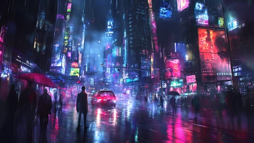 Neon soaked city street glowing through a rainy night walk.