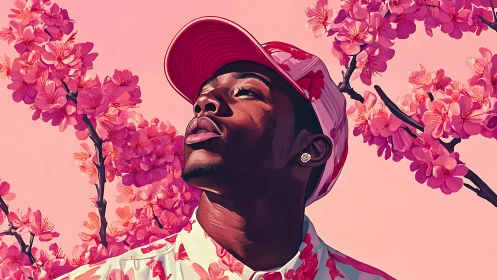 Blossom‑crowned dreamer gazes skyward in pink spring glow.