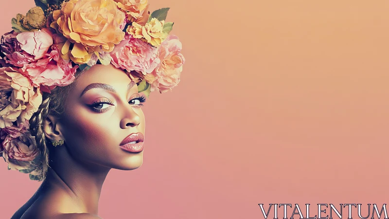 Digital portrait renders woman in floral crown on gradient