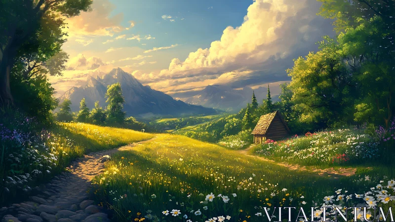 Golden mountain meadow glows beneath dramatic summer skies