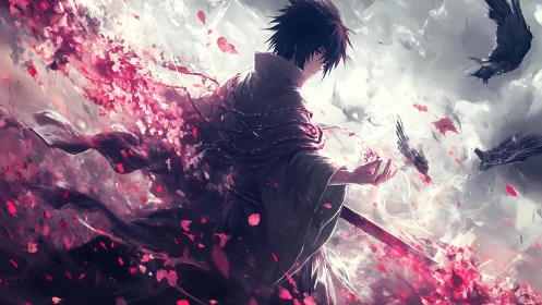 Stormbound swordsman dissolves in crimson petals and crows.
