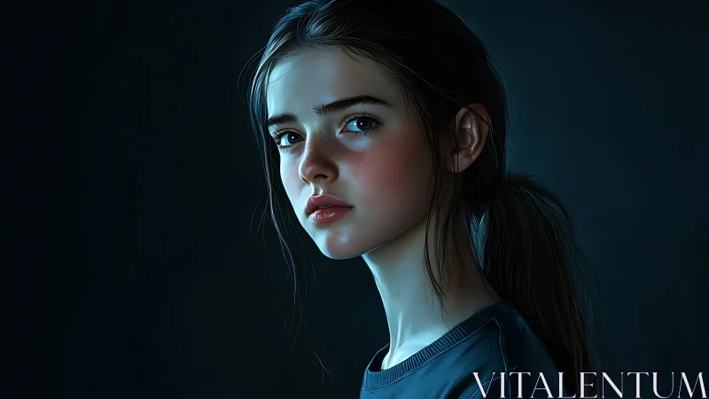 Low-key digital portrait with volumetric blue rim lighting.