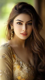 Photorealistic portrait of woman in ornate golden dress.