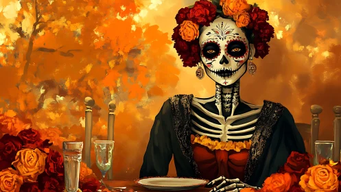 Calavera figure seated at table amid vivid marigolds.