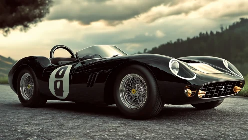 Sleek vintage race car basks in soft evening countryside light