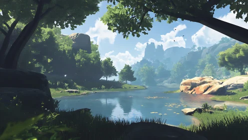 Whispering valley river cradles a sunlit fantasy refuge.