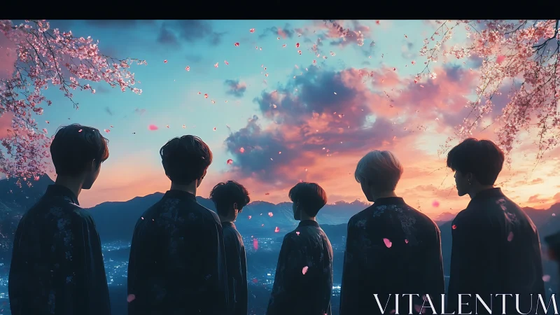 Six silhouetted figures observe a cherry blossom sunset sky