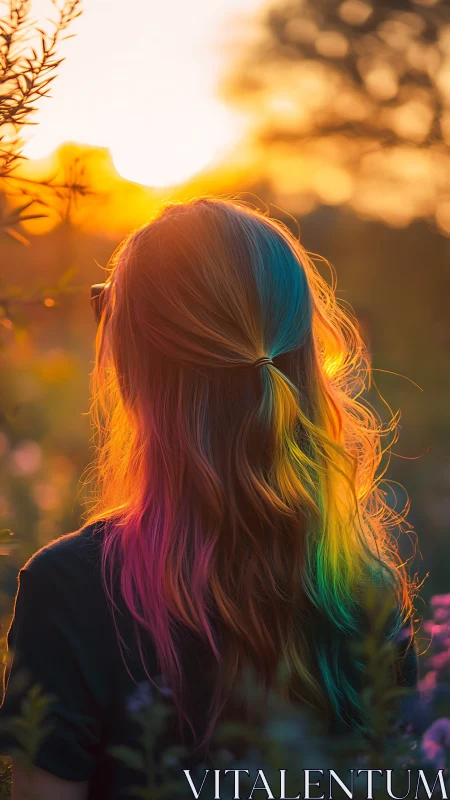 Sunlit rainbow hair glows softly in a golden evening garden