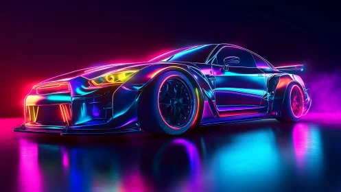 Neon-illuminated sports coupe in high-saturation cyber track scene.