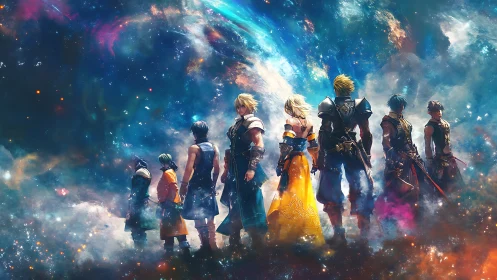 Stargazing heroes gathered on a shimmering cosmic horizon.