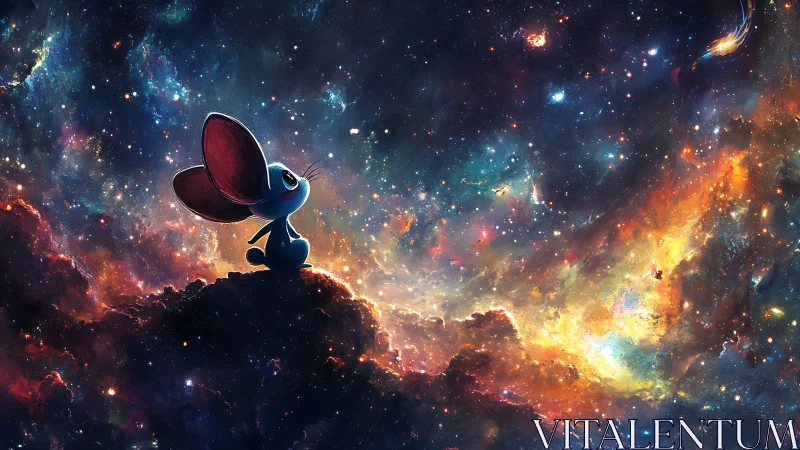 Tiny stargazer mouse dreaming on a glowing cosmic cloud.