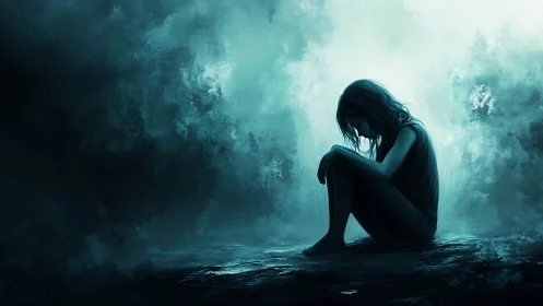 Solitary seated figure in blue-toned atmospheric digital scene.