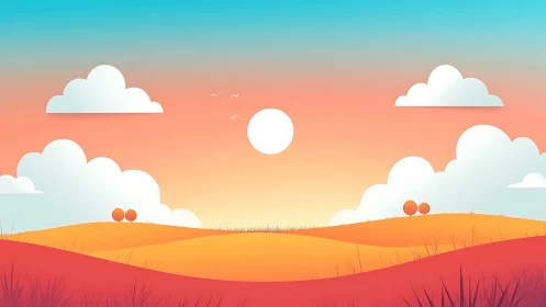 Minimal sunset landscape with rolling hills and stylized sun