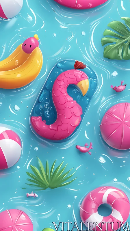 Playful pool floats drift across bright turquoise water