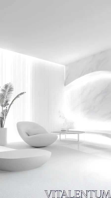 Minimalist white lounge bathed in soft diffused daylight.
