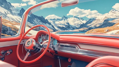 Photorealistic red convertible interior with alpine panorama.
