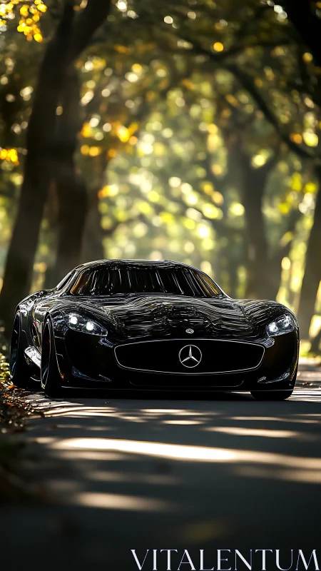 Black Mercedes sports car drives on shaded forest road