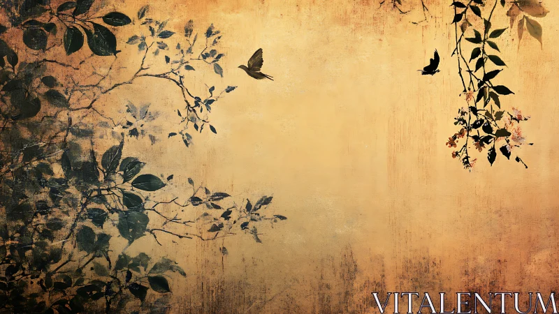 Botanical silhouette mural with birds on aged ochre ground.