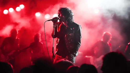 Backlit rock vocalist commands stage in saturated red haze