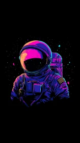 Neon-drenched astronaut drifting through cosmic midnight.
