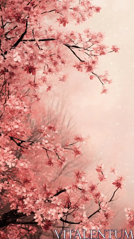 Pink Cherry Blossoms Against Diffused Beige Background.