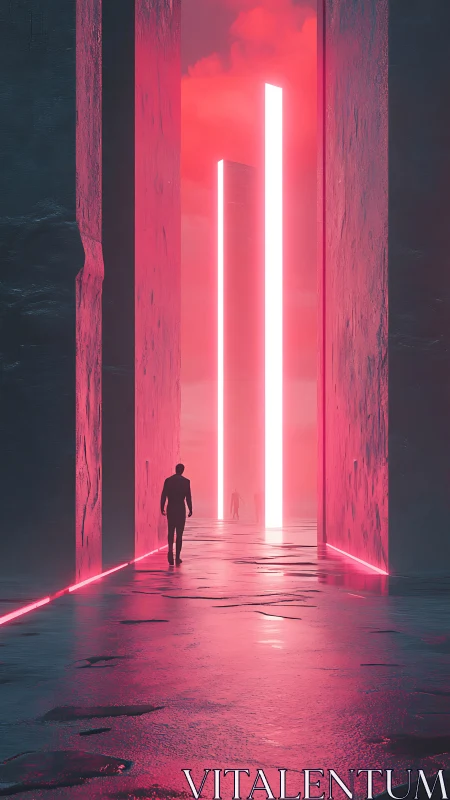 Neon monolith corridor where lone figures chase electric dawn.