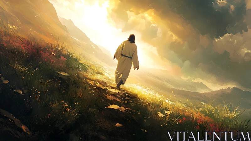 Gentle robed figure walking toward a glowing mountain horizon.