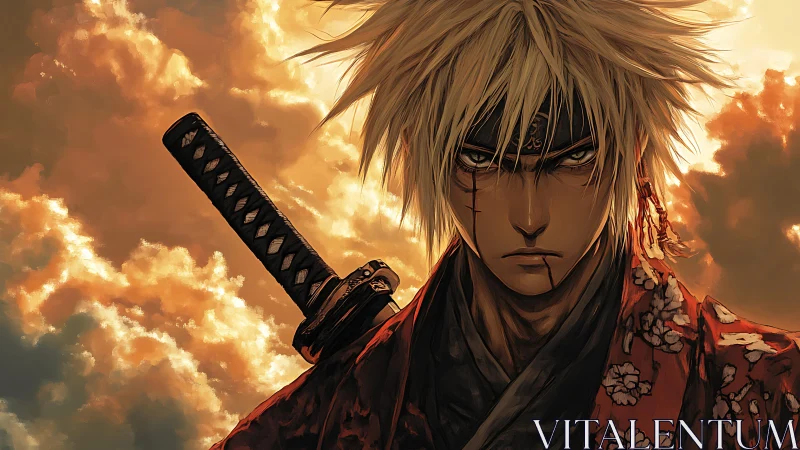 Storm-eyed samurai carves silence into a burning sky