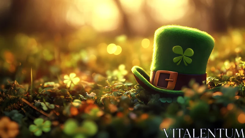 Vibrant felt leprechaun hat with bokeh-lit clover field foreground