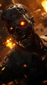 Flaming-eyed zombie soldier stalks through molten battlefield.