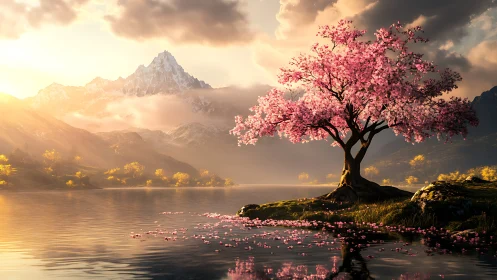 Sunlit cherry blossom tree beside tranquil mountain lake.