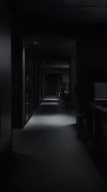 Midnight office corridor hums softly in silver-edged shadow