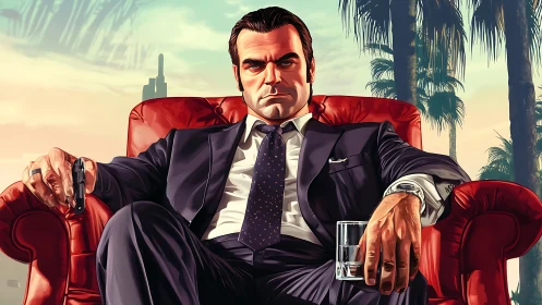 Corporate enforcer in red leather armchair, sunset skyline.