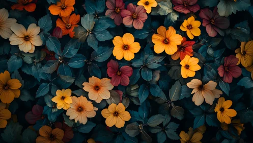 Vibrant Floral Garden Overhead: Blooms Against Dark Foliage.