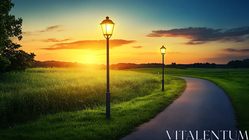 Sunset path glows beneath lamplight in serene green meadows.