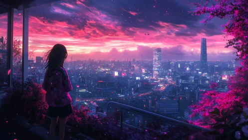 Neon dusk leans over the city as a quiet dreamer watches