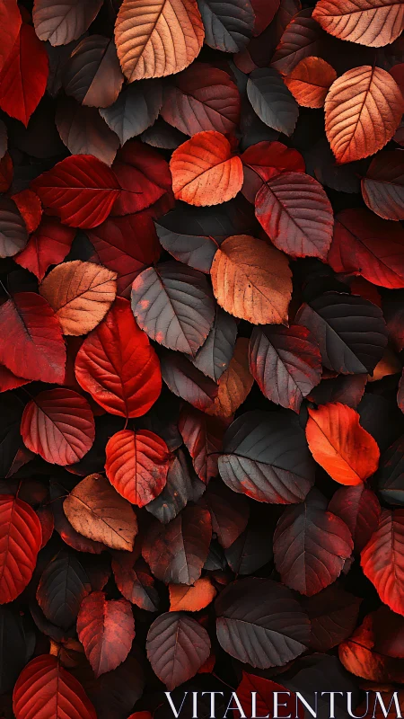Macro study of overlapping red and burgundy autumn foliage
