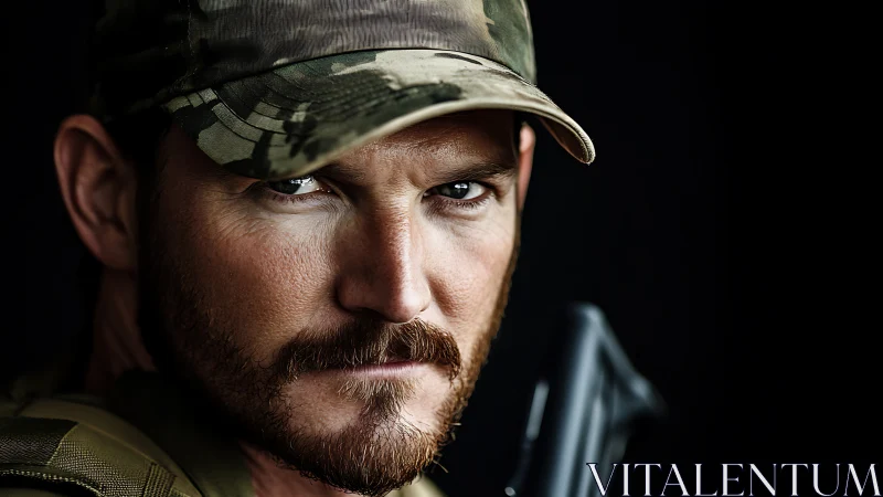 Steel-eyed soldier in shadow, grit carved across his face.